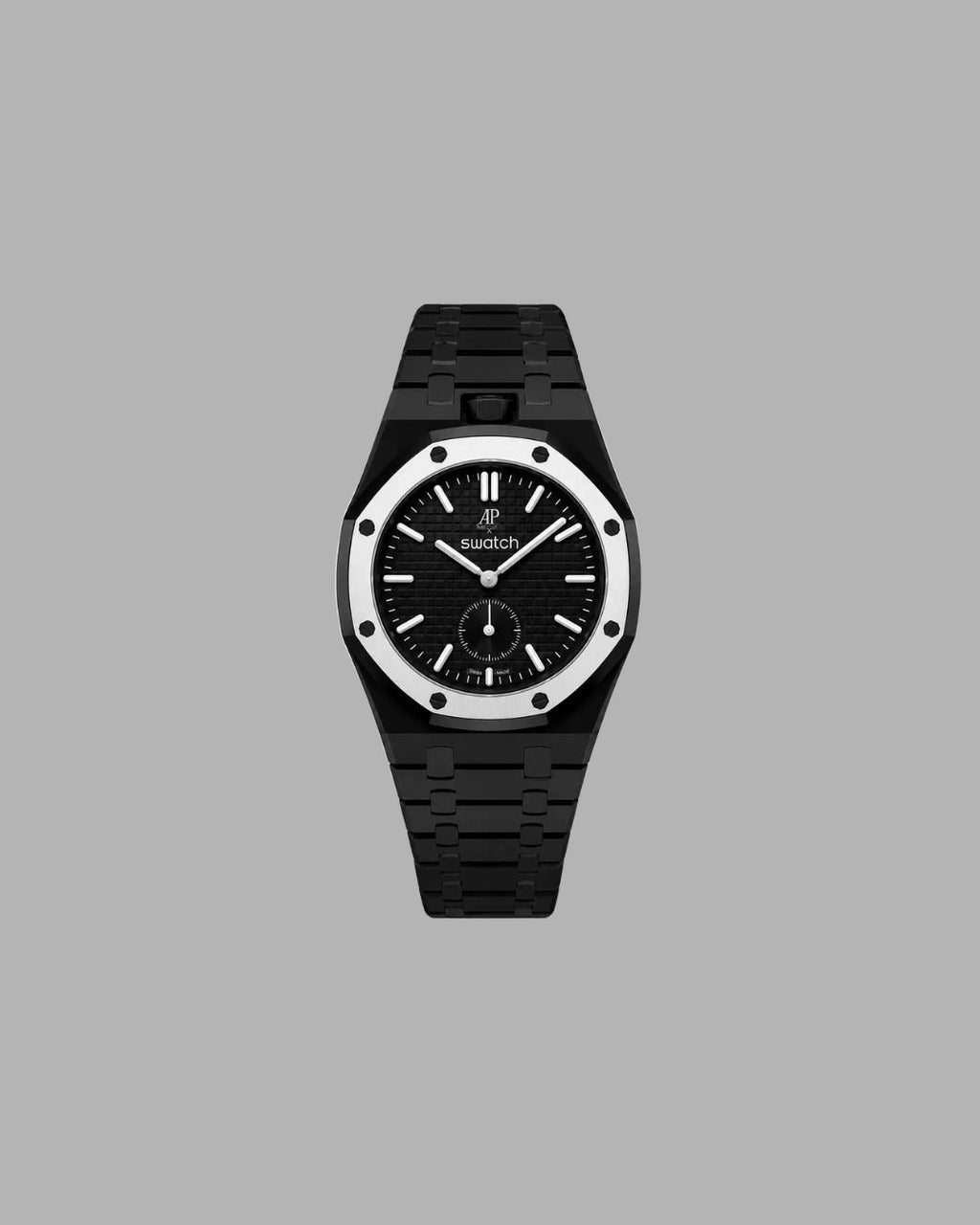 AP x Swatch Link Strap schwarz vertikale Krone