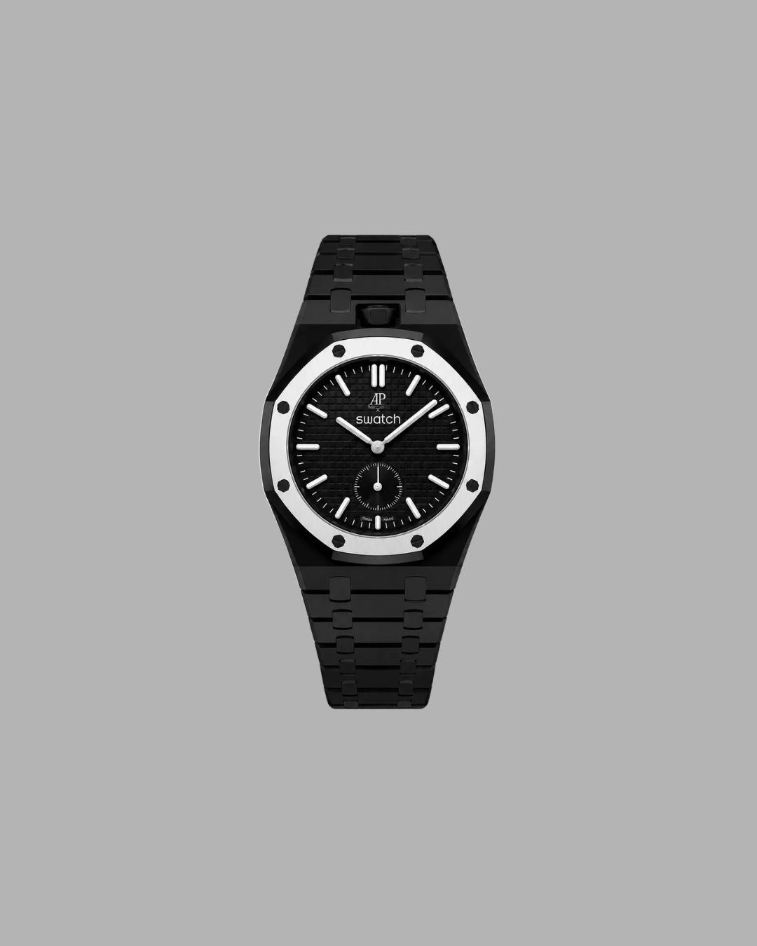 AP x Swatch Link Strap schwarz vertikale Krone